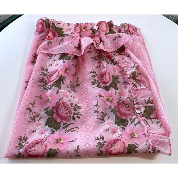 Vintage 70s pleated curtains, cabbage roses pink floral, ruffle double panels - Picture 8 of 10